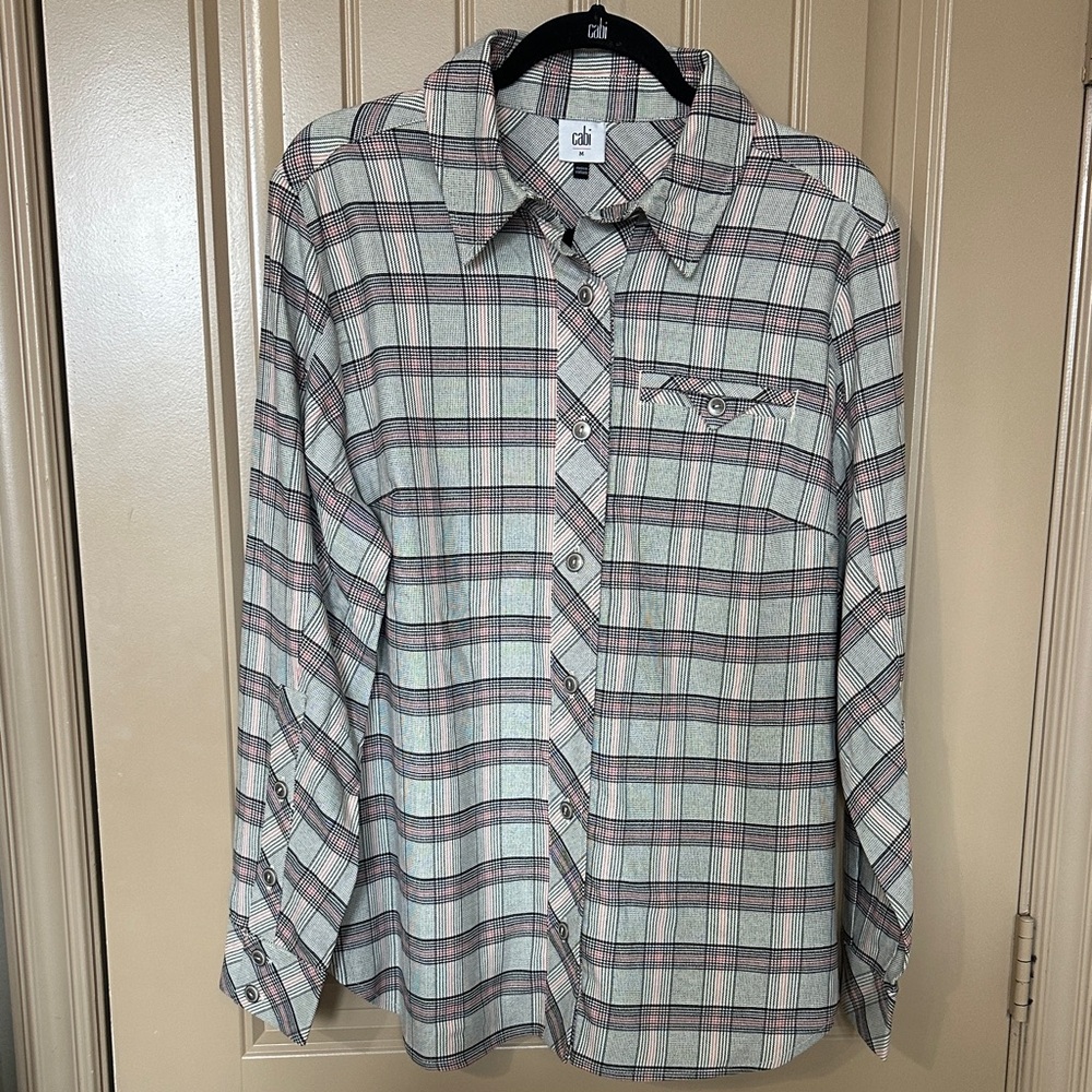 CAbi Plaid Button-Down Shirt in Black & Pink Hideout Shacket size M New!